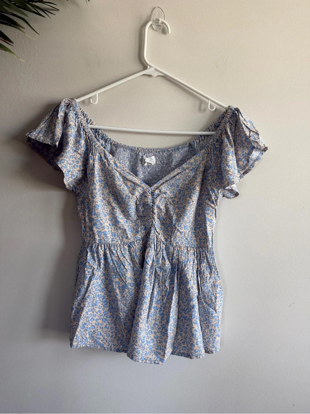 Blue Floral Off-Shoulder Ruching Peplum Blouse